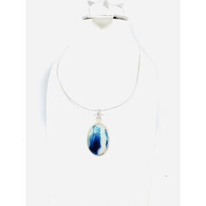 Sterling silver snake chain with blue and white agate pendant choker necklace
